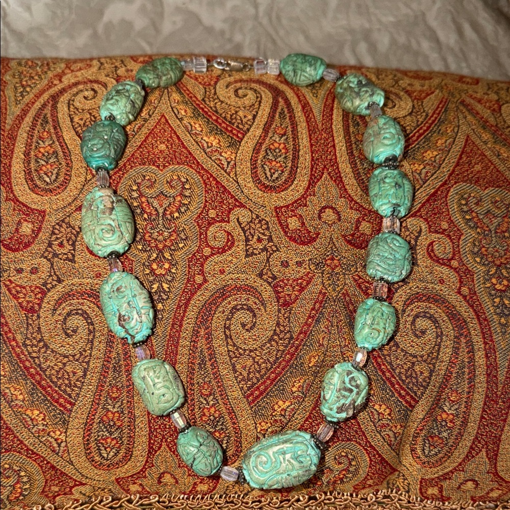 Elegant 15 hand carved vintage large turquoise beads and crystals necklace